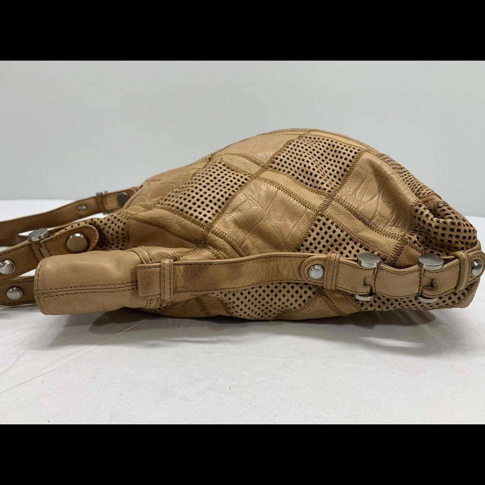 B. Makowsky Beige/Tan Patchwork Leather Weekender Tote Bohemian Shoulder Bag - Picture 5 of 14